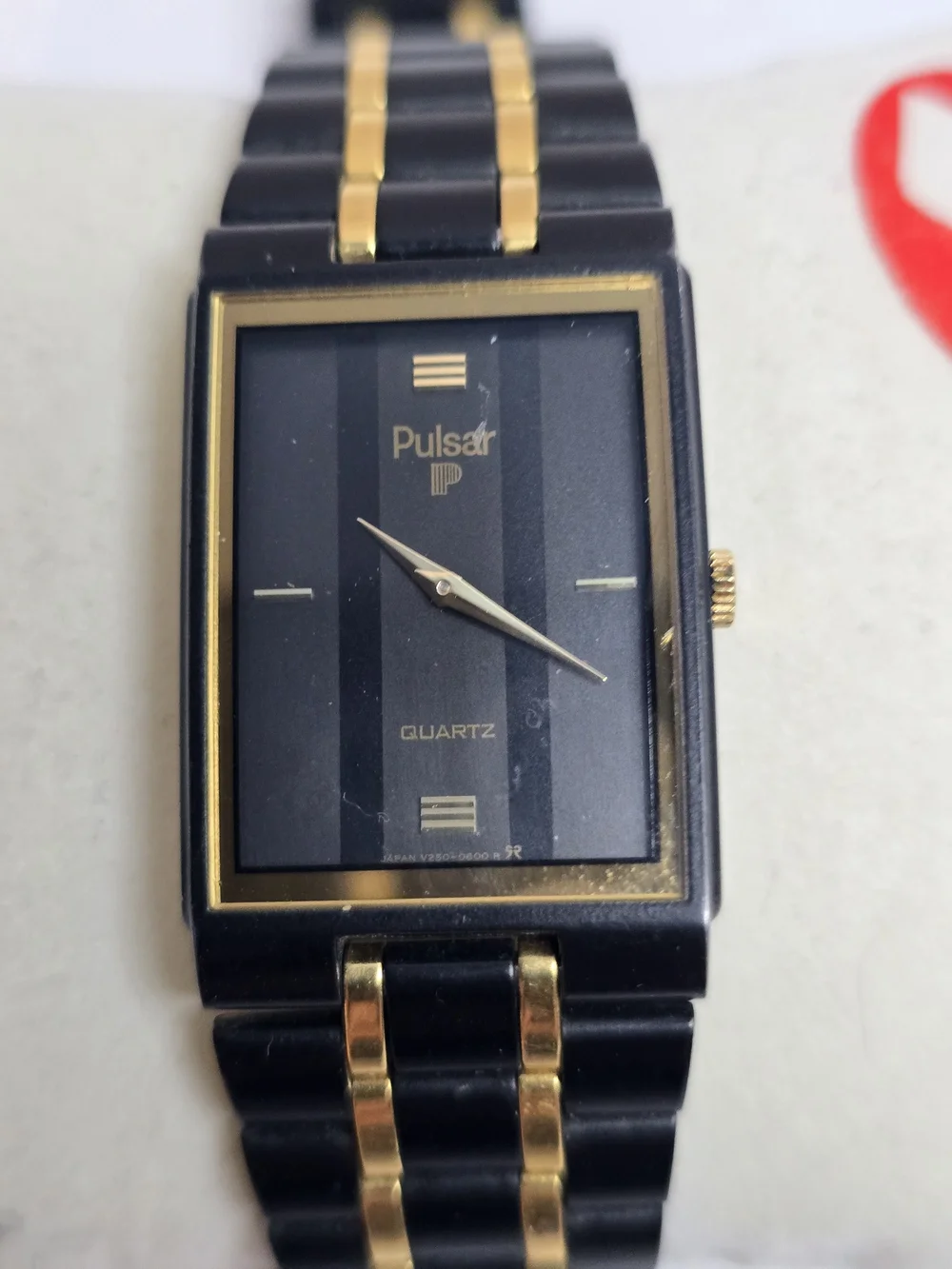 Vintage Pulsar Black and Gold Rectangular Dress Watch